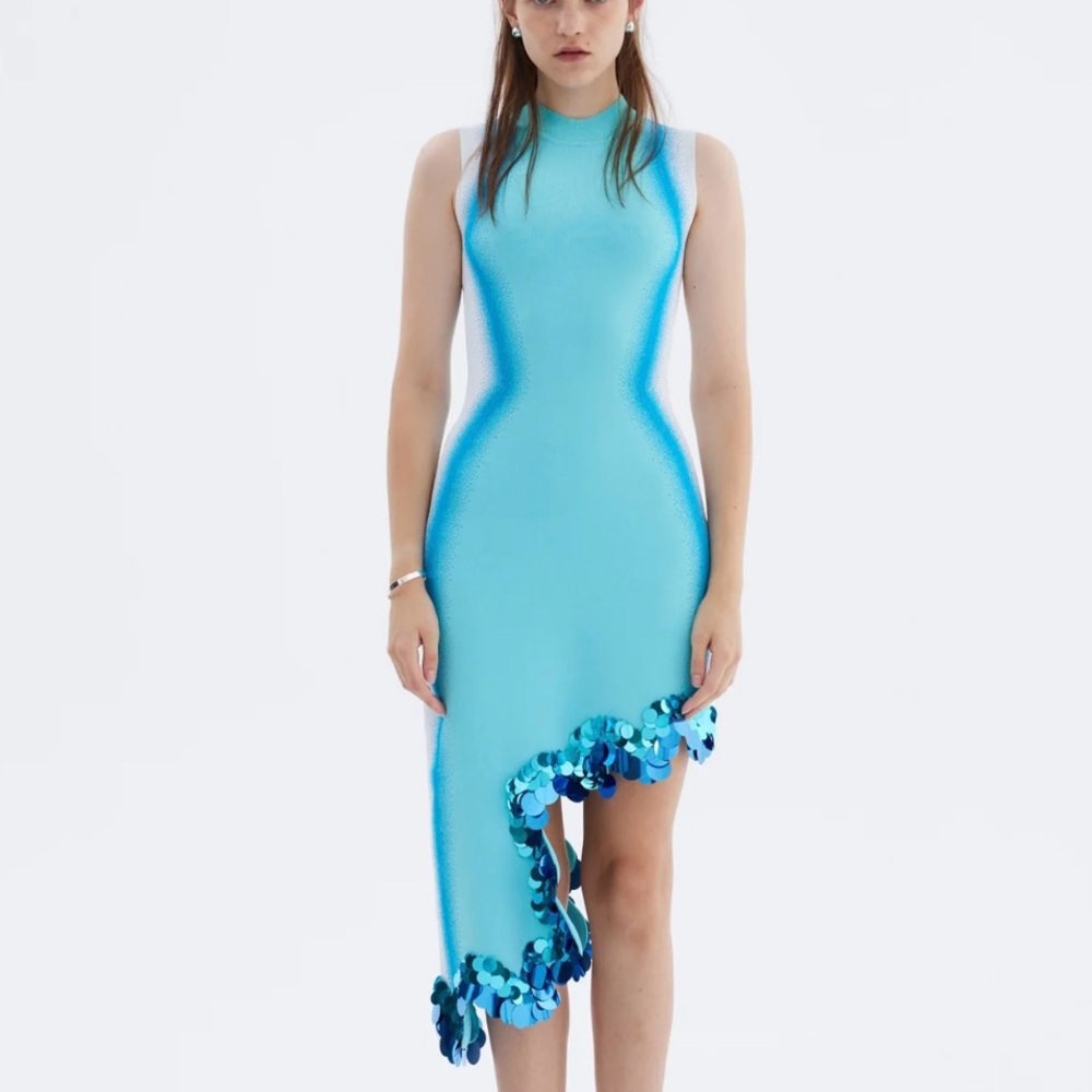 PH5 Blue Asymmetrical Ruffled Mock Neck Dress